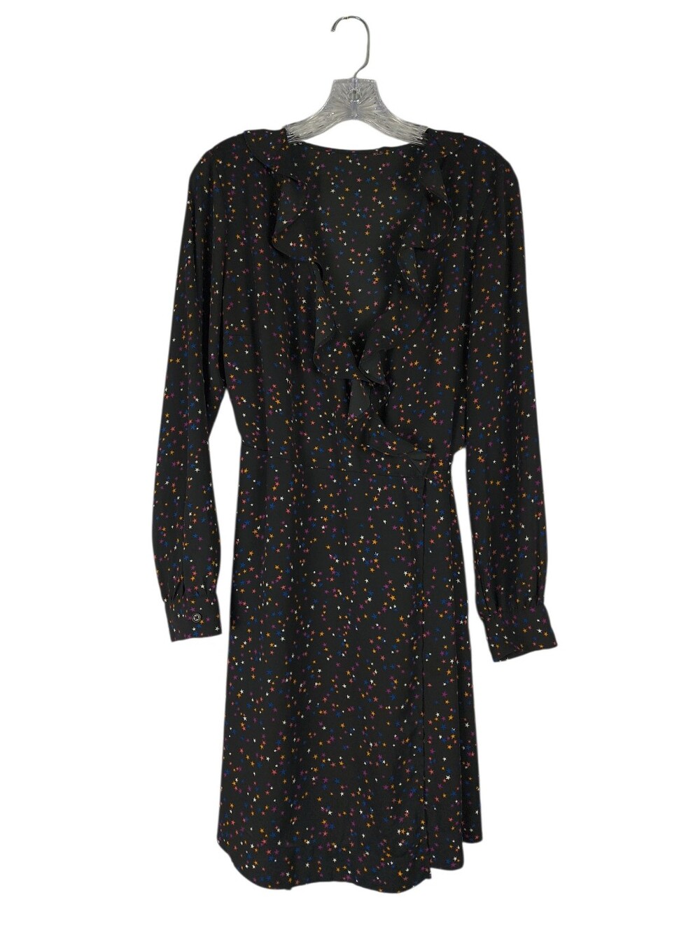 Popsugar Wrap Dress Women's M Black Multi Color Star Ruffle Long Sleeves Mini